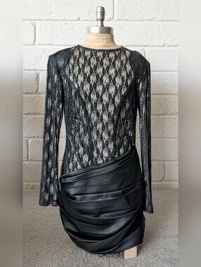 Miss Circle Black Lace Long Sleeve Open Back Ruched Mini Dress Size L